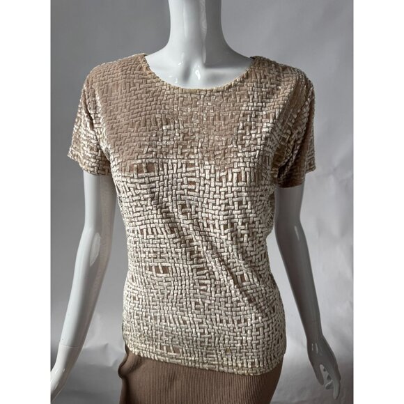 Barami Womens M Short-Sleeve Textured Top Beige Cream Woven Pattern Rayon/Polyes - Picture 11 of 15